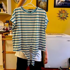 Green and White striped cap sleeve spring Shirt